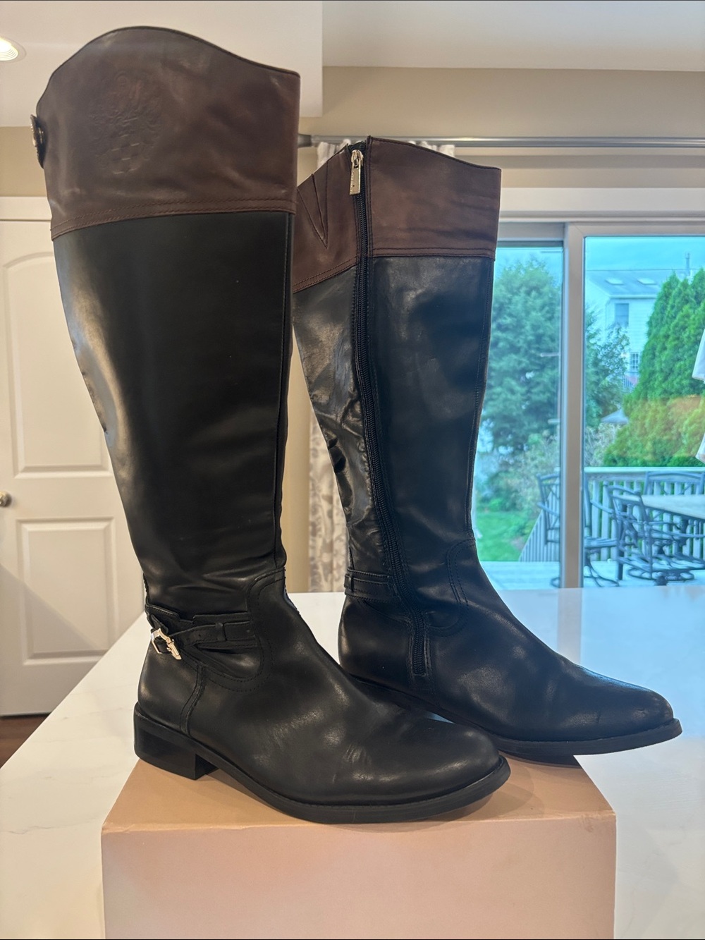 Vince Camuto Black Leather Over-the-Knee Boots with Brown Cuff